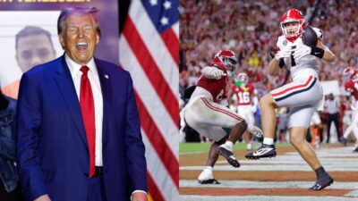 Donald Trump during rally and Georgia and Alabama players on field