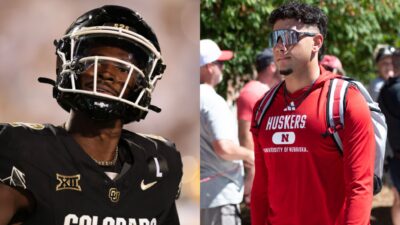 Dylan Raiola in Nebraska shirt and Shedeur Sanders in Colorado uniform