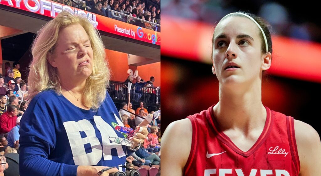 WNBA Fan at the game and Caitlin Clark looks on.