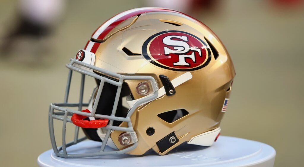 San Francisco 49ers helmet shown on field. Linebacker Curtis Robinson is out for the year with a torn ACL.