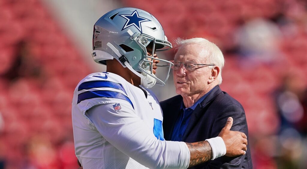 Dak Prescott and Jerry Jones of Dallas Cowboys speaking before game.