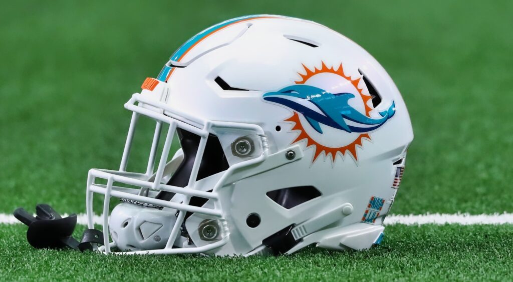 Miami Dolphins helmet shown on field.