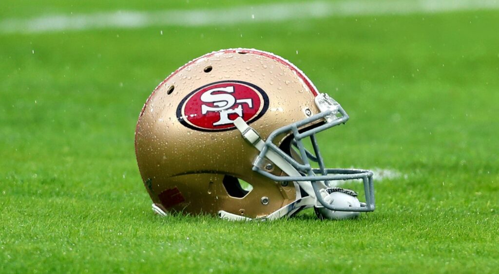 San Francisco 49ers helmet shown on field. Javon Hargrave is likely out for the seson.