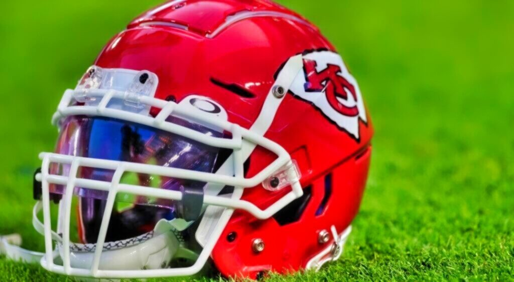 Kansas City Chiefs helmet shown on field. The team will be without Marquise  Brown indefinitely.