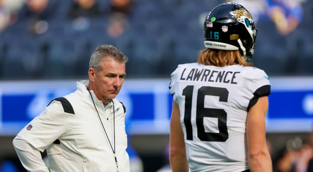 Trevor Lawrence and Urban Meyer during an NFL game