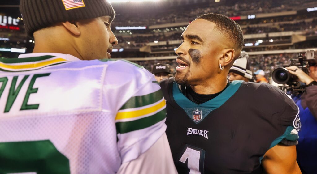 Eagles QB Jalen Hurts and Packers QB Jordan Love in uniform