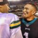 Eagles QB Jalen Hurts and Packers QB Jordan Love in uniform