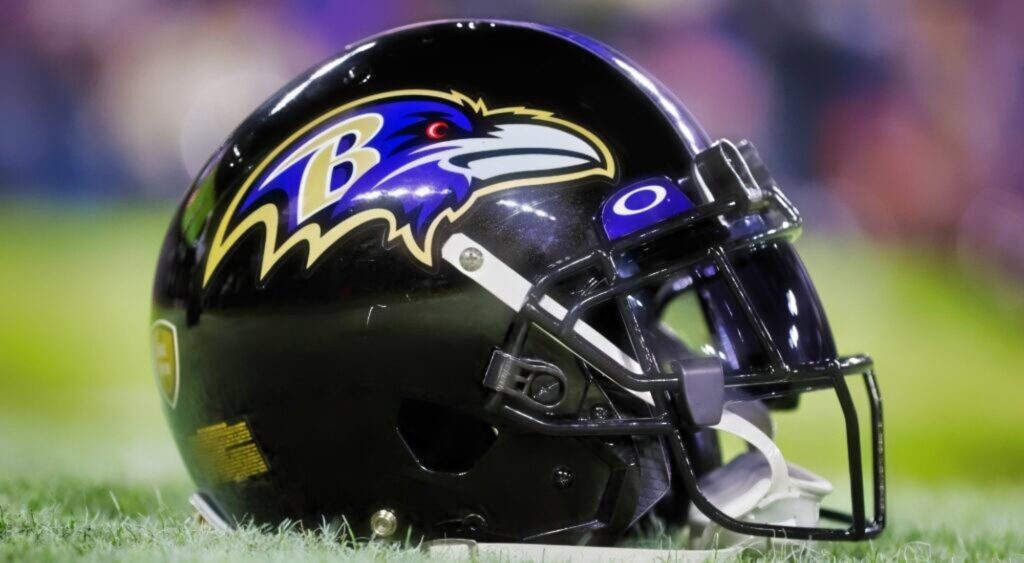 Baltimore Ravens helmet shown on field. Justin Madubuike has changed his name to "Nnamdi."