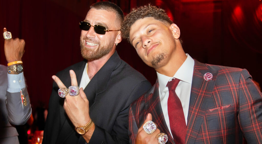 Travis kelce and Patrick Mahomes showing off their Super Bowl rings