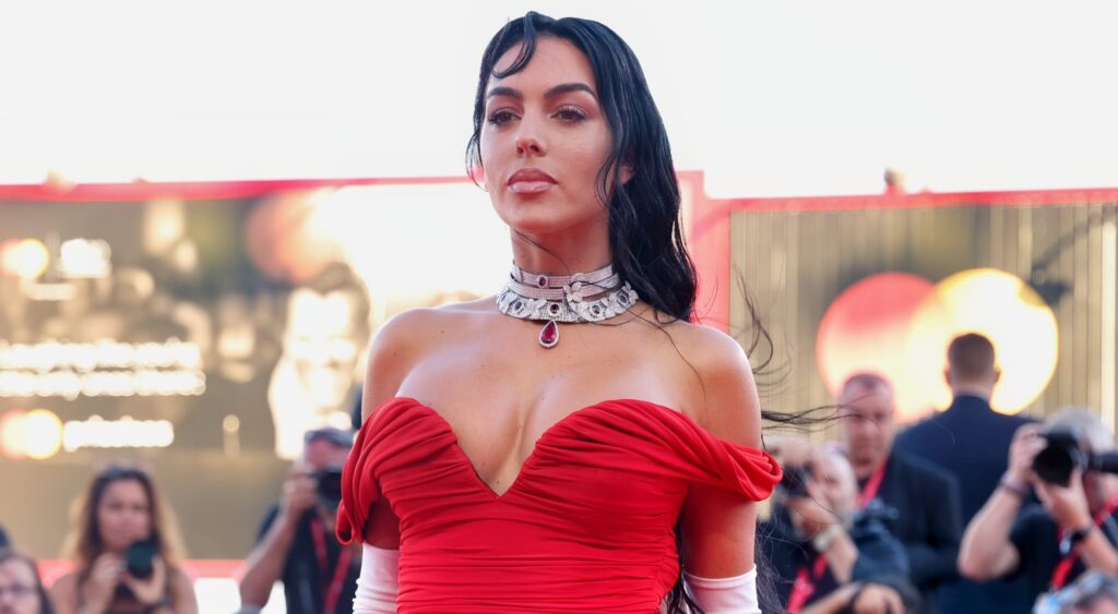 Georgina Rodriguez posing in red dress