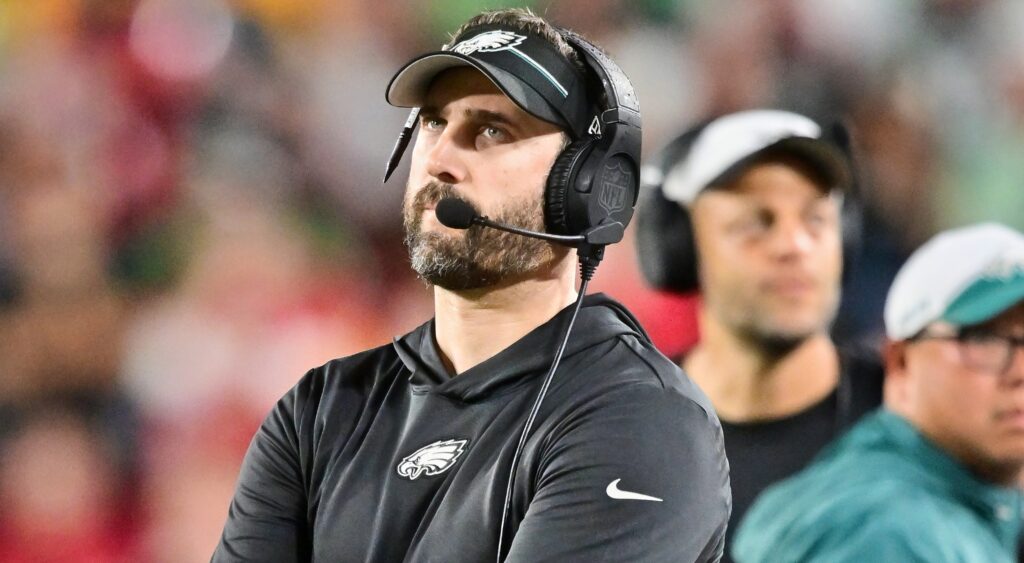 Eagles head coach Nick Sirianna on sidelines coaching players like Devin White