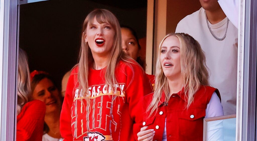 Taylor Swift looking on at Kansas City Chiefs game.