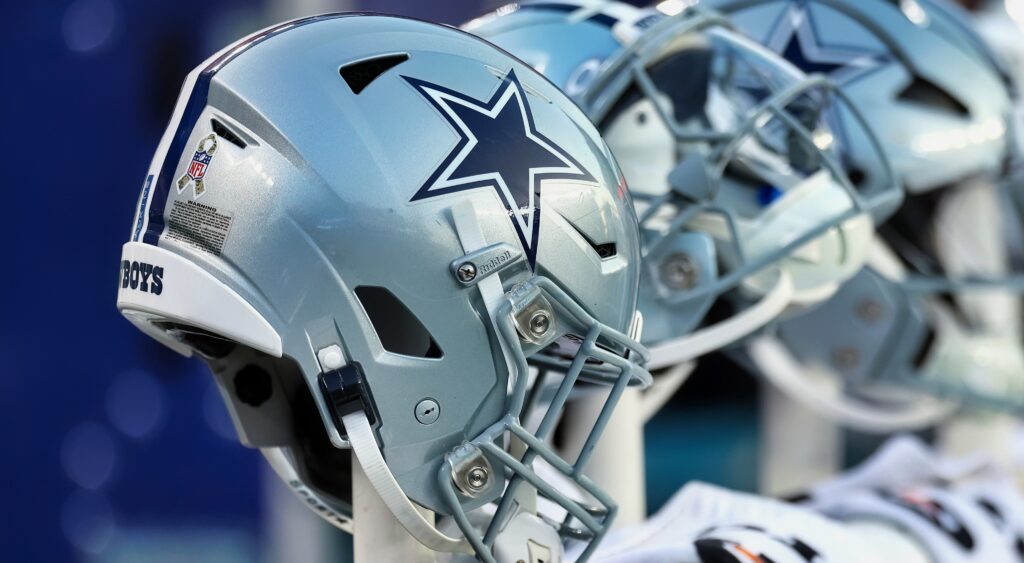 Dallas Cowboys helmet on the team's bench.