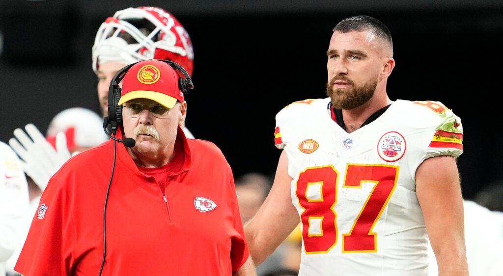 Andy Reid and Travis Kelce looking on.