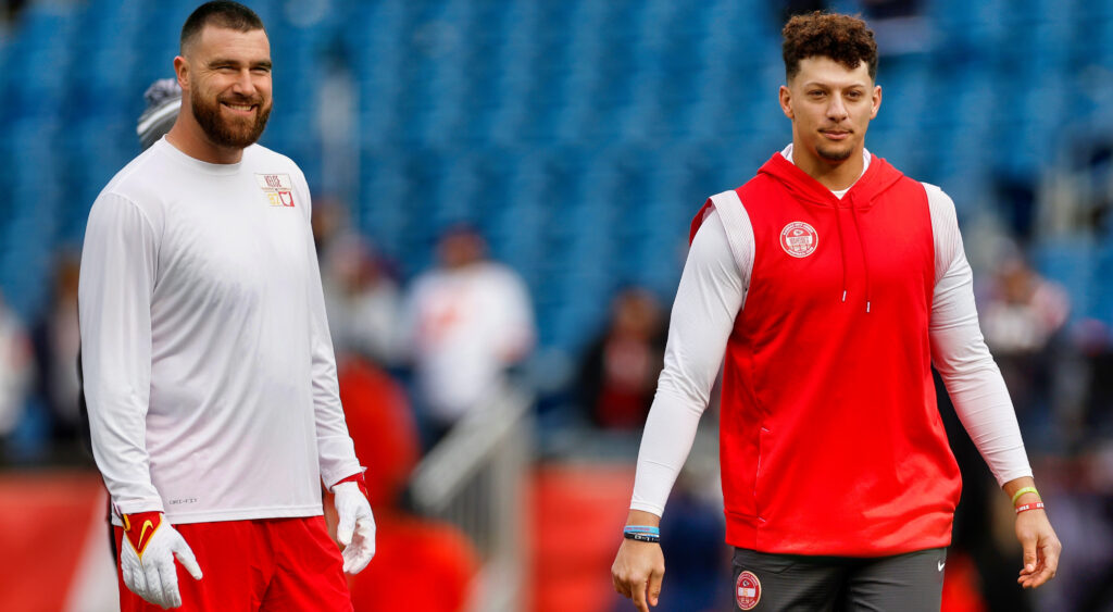 Travis Kelce and Patrick Mahomes in Chiefs gear