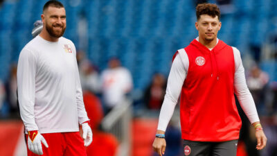 Travis Kelce and Patrick Mahomes in Chiefs gear