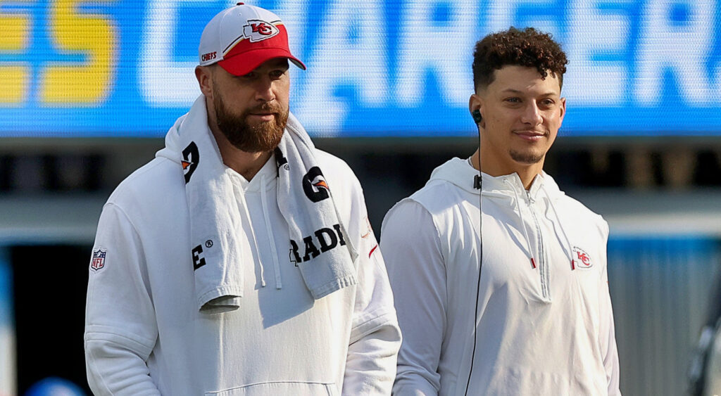 Travis Kelce next to Patrick Mahomes