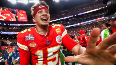 Patrick Mahomes celebrating Super Bowl win