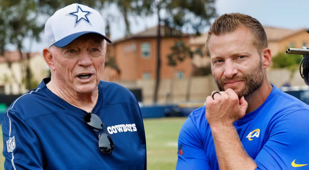 Jerry Jones of Dallas Cowboys looking on. Dallas is one of four teams rumored to be eyeing a big NFL trade for a wide receiver.