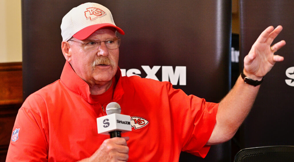 Photo of Andy Reid speaking. The Chiefs are believed to be interested in Najee Harris