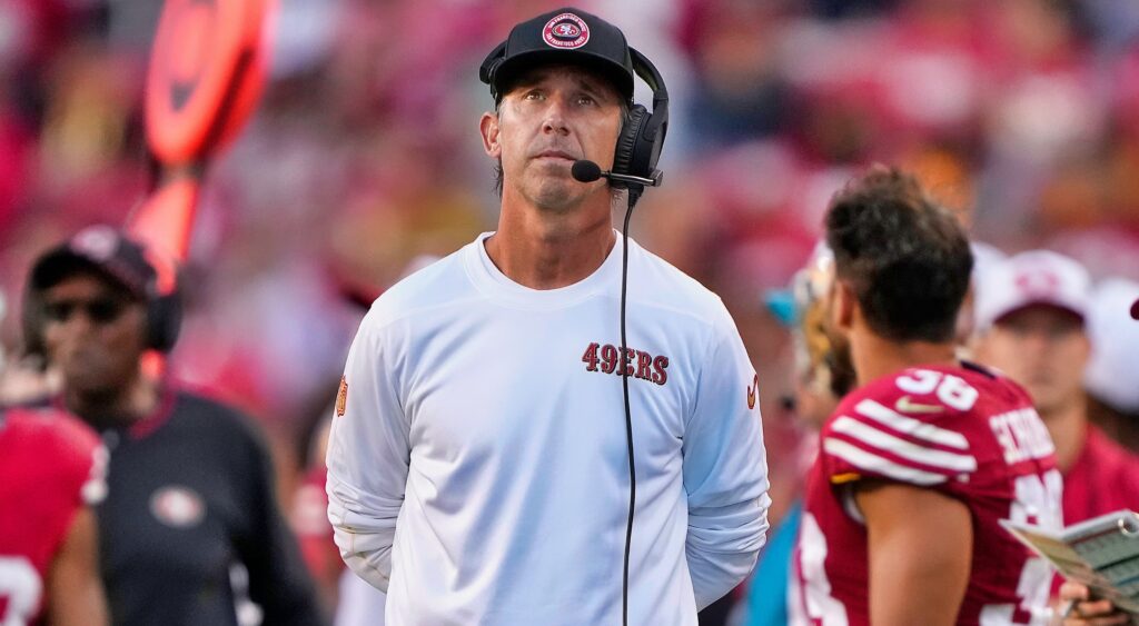 San Francisco 49ers head coach Kyle Shanahan on the sideline.