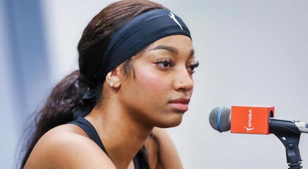 Angel Reese during a press conference.