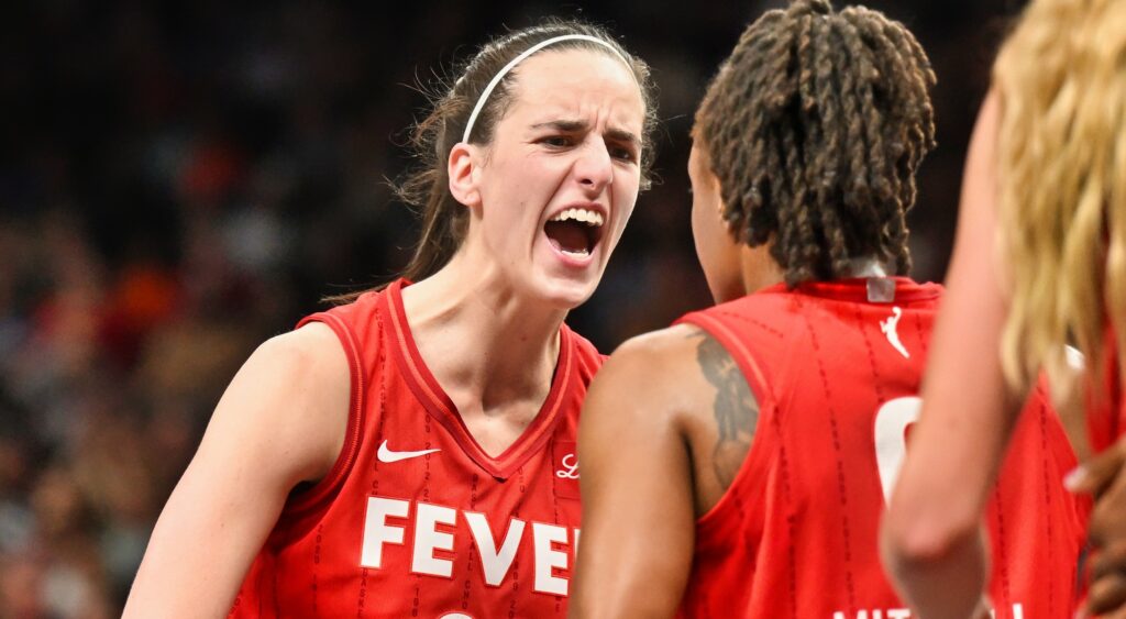 Caitlin Clark yelling during a game.