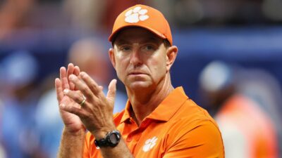 Dabo Swinney n Clemson gear on sidelines