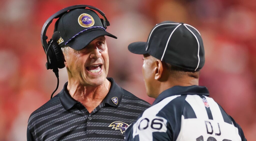 Ravens head coach John Harbaugh yelling at the ref