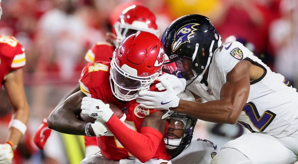 Rashee Rice of Kansas City Chiefs running with football vs. Baltimore Ravens.