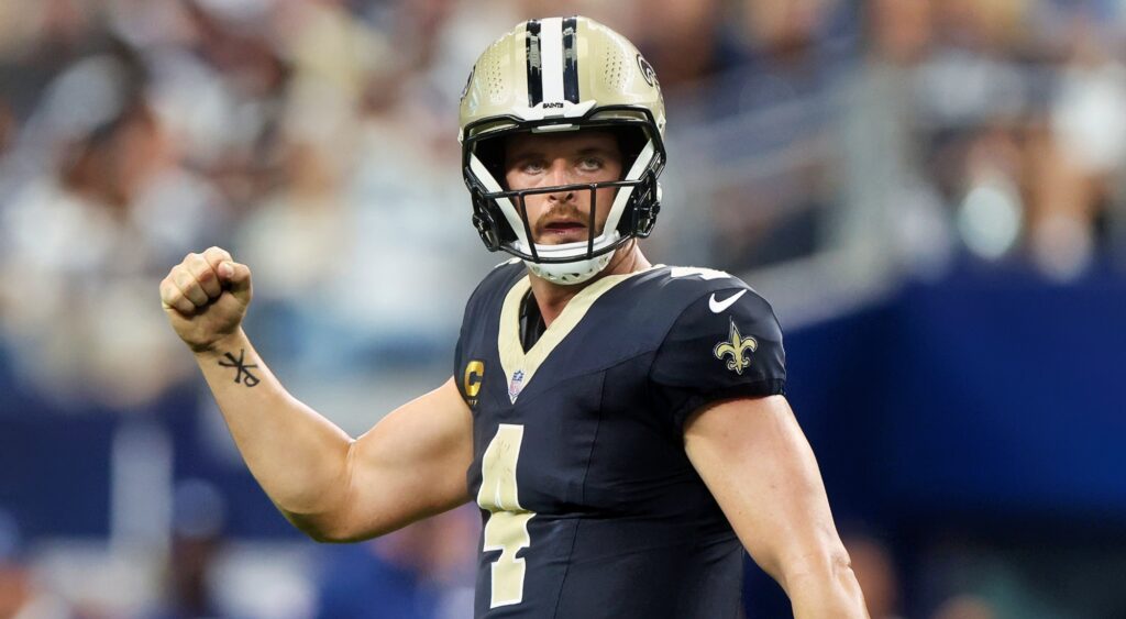 Derek Carr of New Orleans Saints reacting during game.