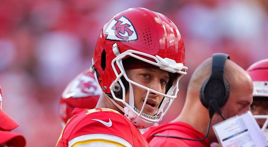 Patrick Mahomes of Kansas City Chiefs looking on.