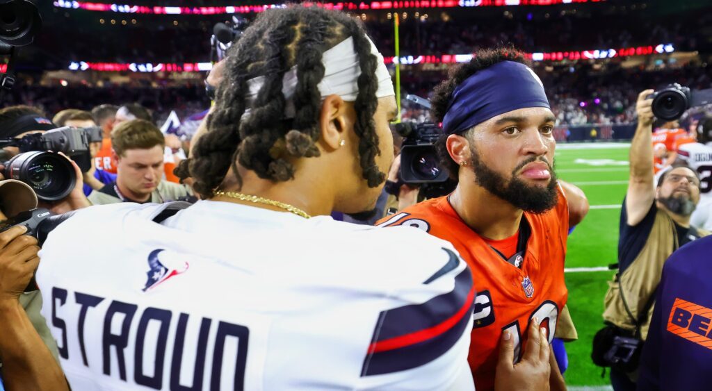 CJ Stroud and Caleb Williams shaking hands after a game.