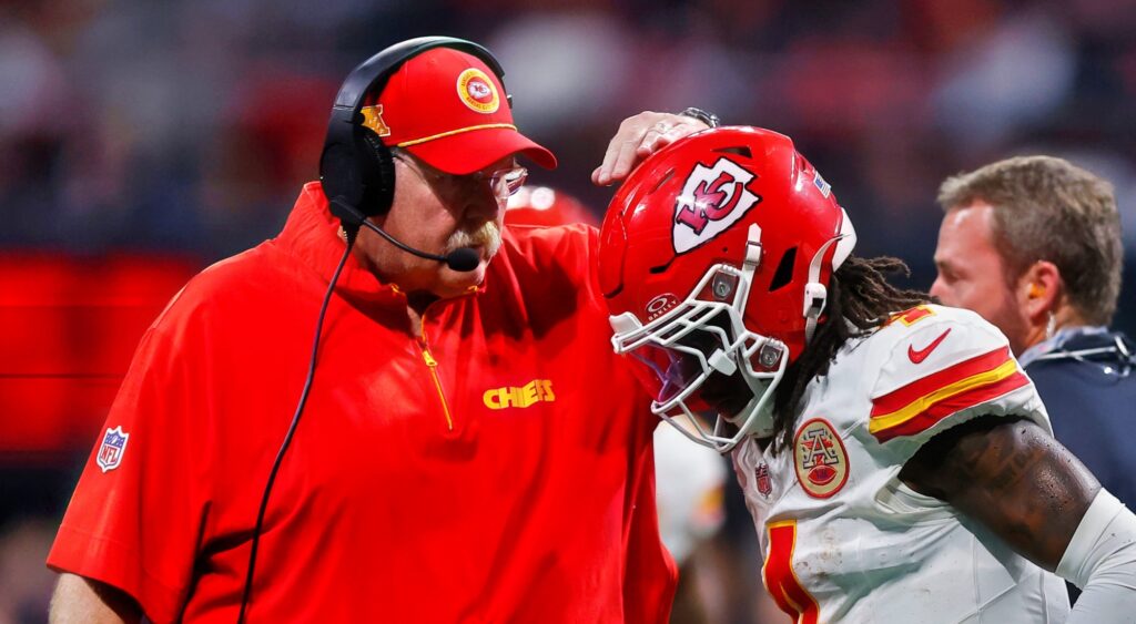 Andy Reid and Rashee Rice talking during Kansas City Chiefs game.