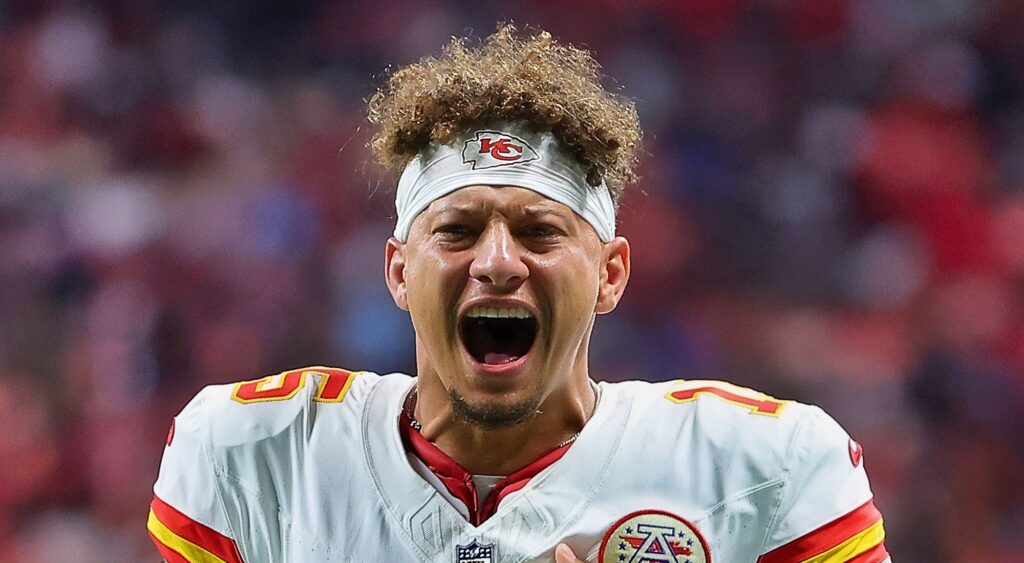 Patrick Mahomes of Kansas City Chiefs getting fired up before game.