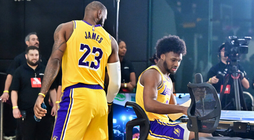 Photo of LeBron James and son Bronny James at Lakers Media Day