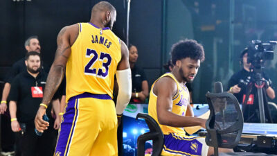 Photo of LeBron James and son Bronny James at Lakers Media Day