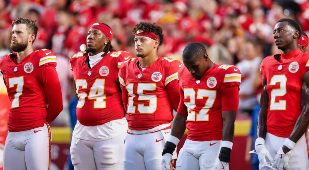 Harrison Butker, Wanya Morris, Patrick Mahomes, Chamarri Conner and Joshua Williams listen to the National Anthem.