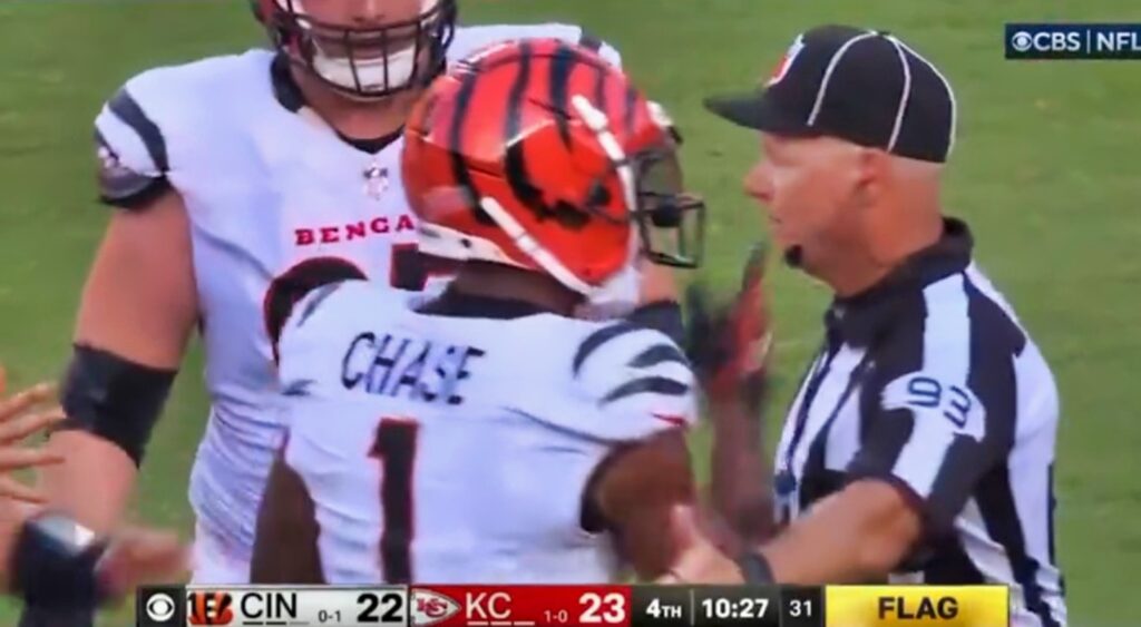 Ja'Marr Chase argues with a ref during game vs. Chiefs.