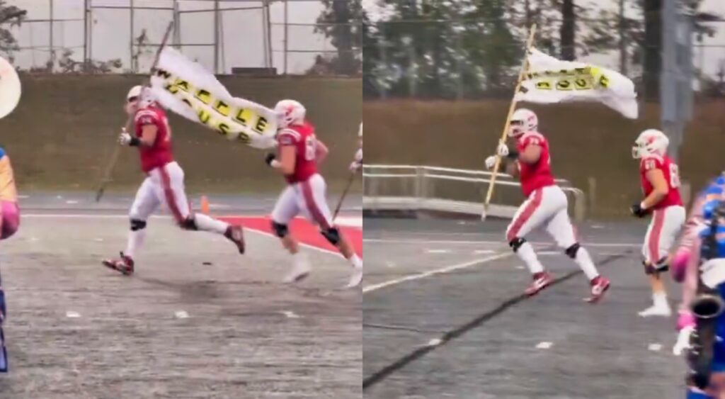 Jackson Cantwell running with a Waffle House flag