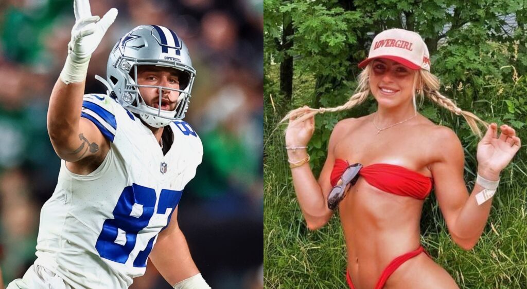 Jake Ferguson pointing during a game and Haley Cavinder in her red two-piece swimsuit.