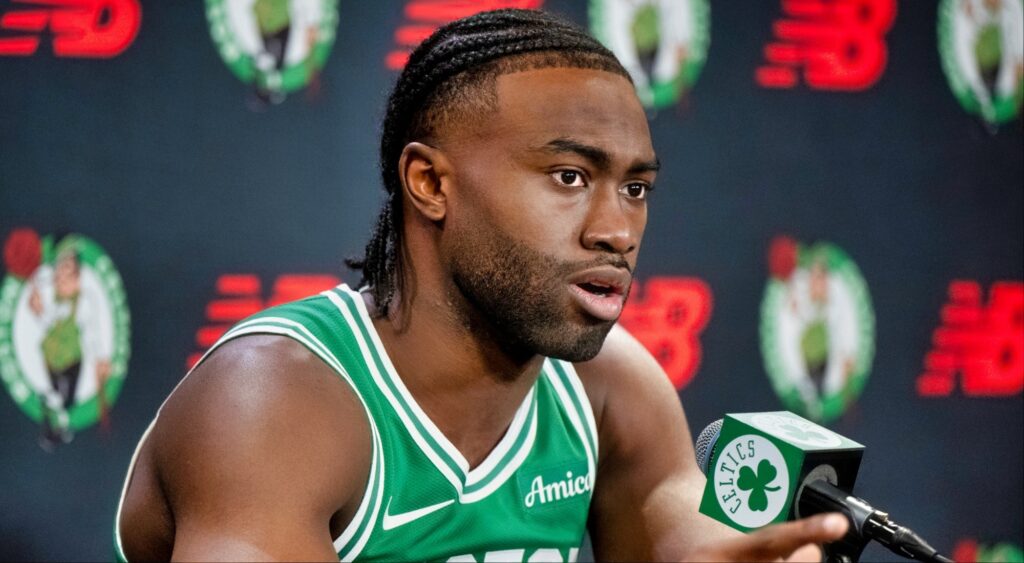 Jaylen Brown of the Boston Celtics speaks to the media.