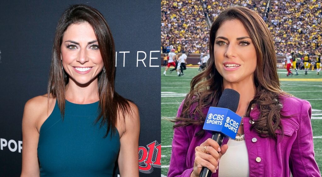 Jenny Dell posing on the red carpet and Dell doing a report from the field.