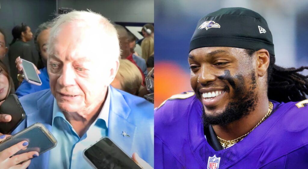 Jerry Jones speaks to reporters and Derrick Henry looks on during a game.