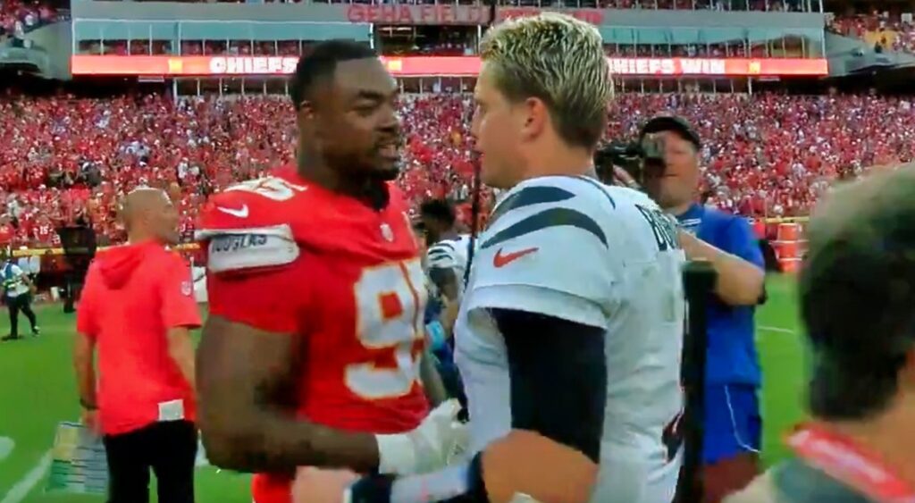 Joe Burrow and Chris Jones greeting each other