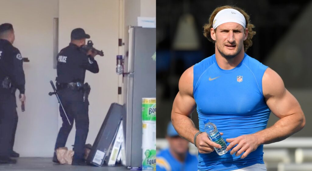 Police raiding Joey Bosa's house and Joey Bosa warming up.