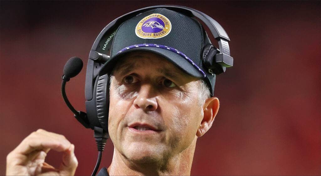 Head coach John Harbaugh of the Baltimore Ravens looks on during the NFL game against the Kansas City Chiefs.