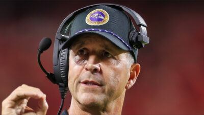 Head coach John Harbaugh of the Baltimore Ravens looks on during the NFL game against the Kansas City Chiefs.