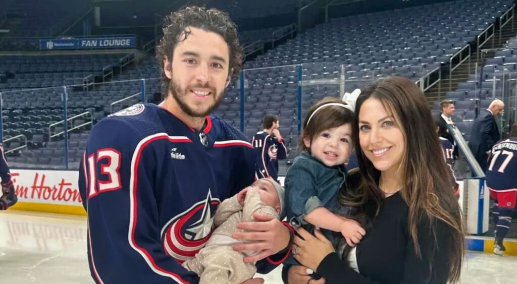 Johnny Gaudreau posing with wife and kids