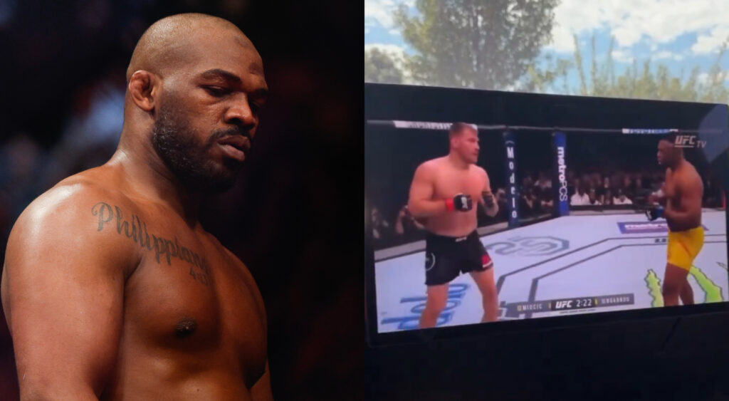 Jon Jones watching Stipe Miocic vs. Francis Ngannou